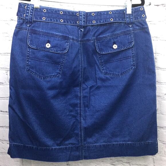 Liz Claiborne 90s Blue Medium Wash Flap Pocket Belted Denim Knee Length Skirt 14 - Picture 2 of 9